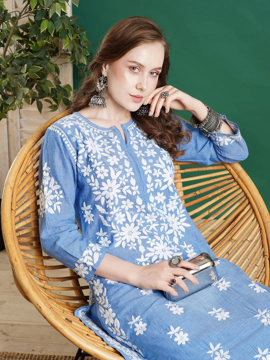 Ada Hand Embroidered Blue Denim Lucknowi Chikankari Co-Ord Set 01A452421