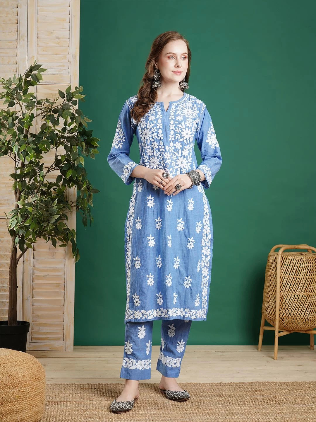 Ada Hand Embroidered Blue Denim Lucknowi Chikankari Co-Ord Set 01A452421