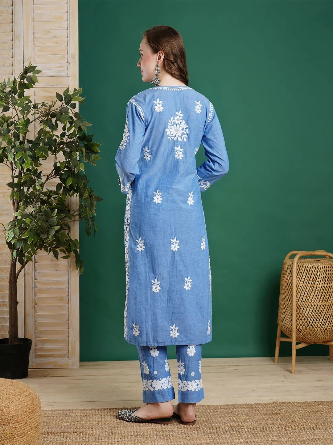 Ada Hand Embroidered Blue Denim Lucknowi Chikankari Co-Ord Set 01A452421