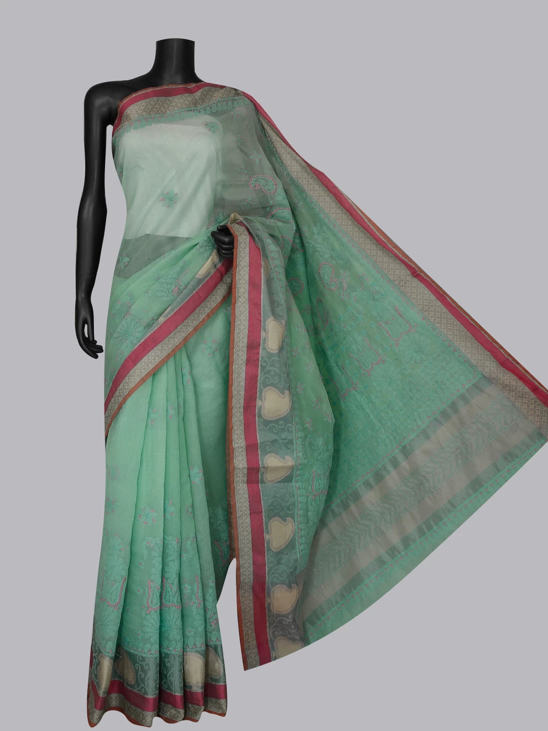 Ada Hand Embroidered Sea Green Chanderi Lucknowi Chikankari Saree With Blouse 01A416806
