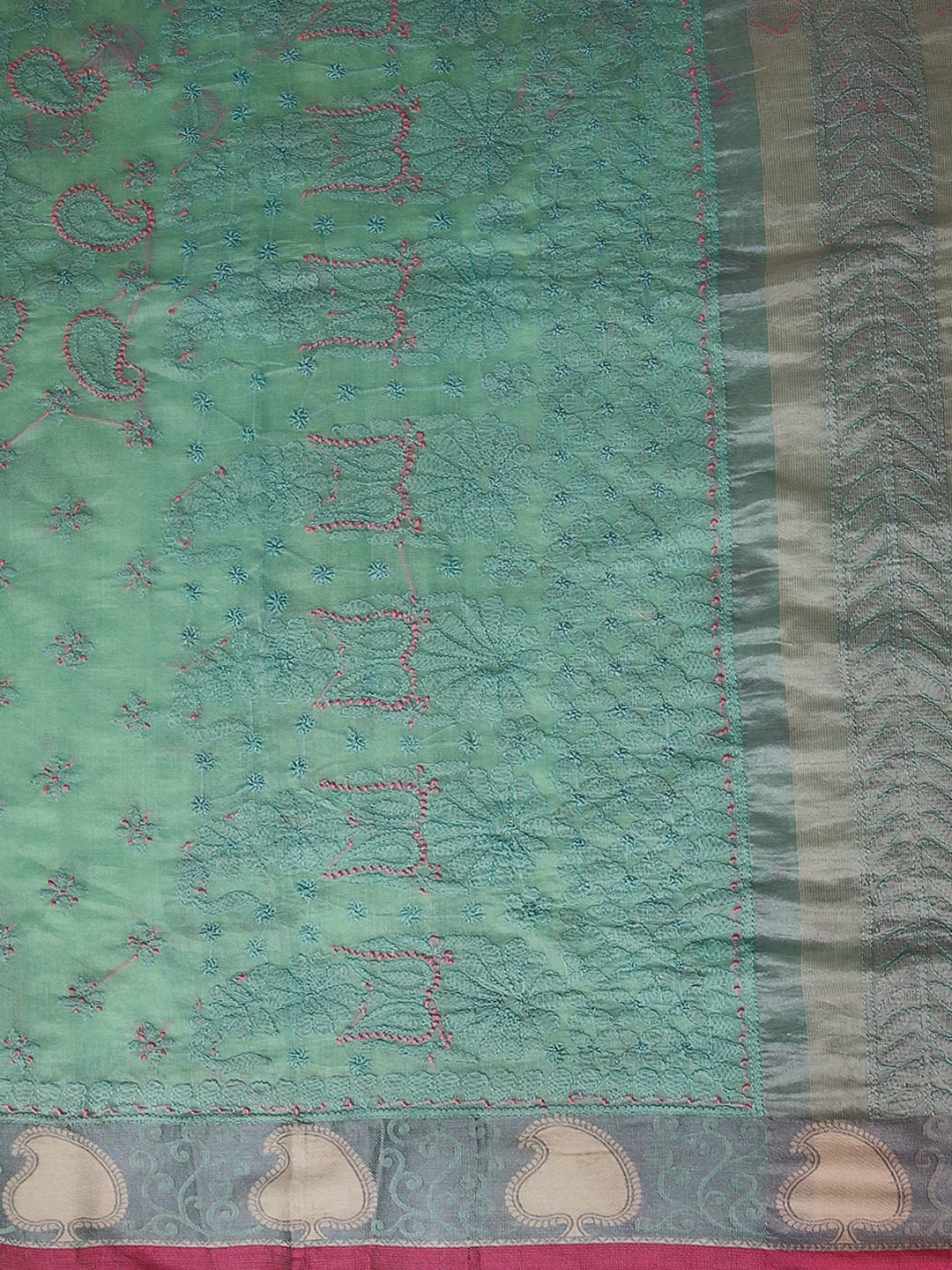 Ada Hand Embroidered Sea Green Chanderi Lucknowi Chikankari Saree With Blouse 01A416806