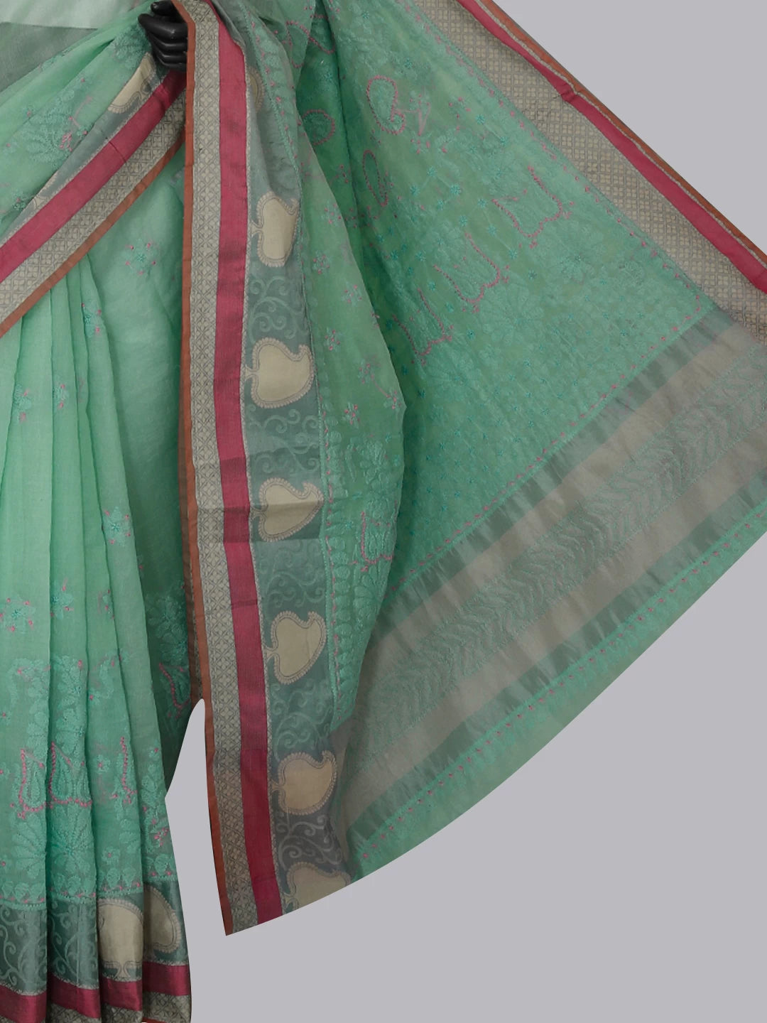 Ada Hand Embroidered Sea Green Chanderi Lucknowi Chikankari Saree With Blouse 01A416806
