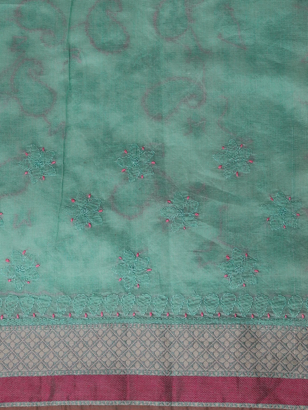 Ada Hand Embroidered Sea Green Chanderi Lucknowi Chikankari Saree With Blouse 01A416806