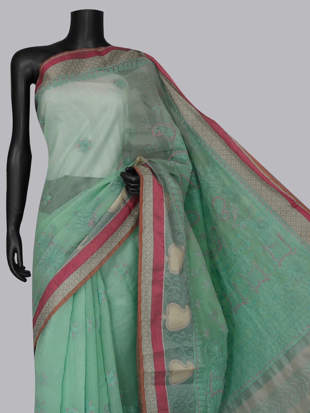 Ada Hand Embroidered Sea Green Chanderi Lucknowi Chikankari Saree With Blouse 01A416806
