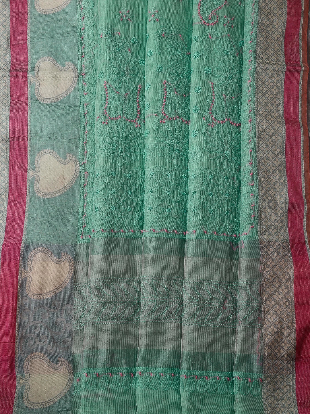 Ada Hand Embroidered Sea Green Chanderi Lucknowi Chikankari Saree With Blouse 01A416806