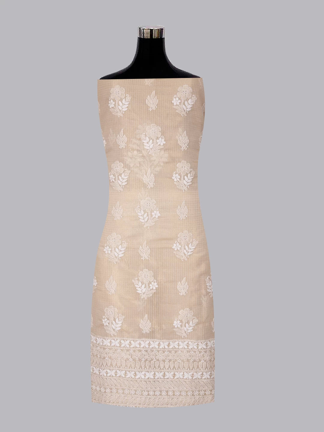 Ada Hand Embroidered Natural Fawn Tissue Lucknowi Chikankari Unstitched Kurta Dupatta Set 01A435956