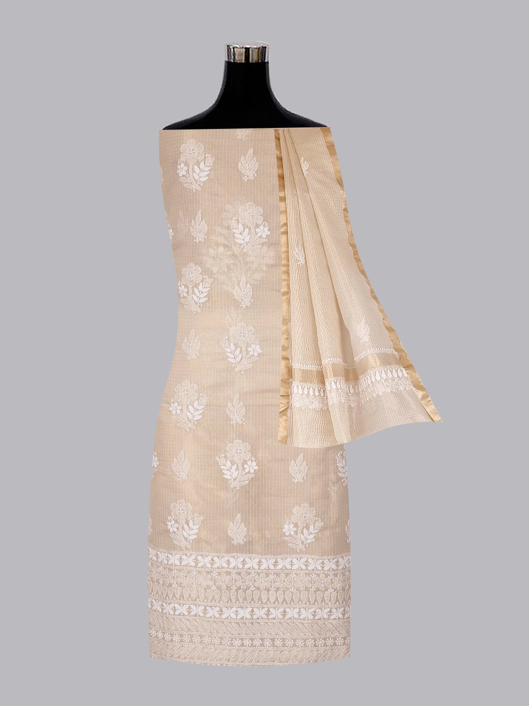 Ada Hand Embroidered Natural Fawn Tissue Lucknowi Chikankari Unstitched Kurta Dupatta Set 01A435956