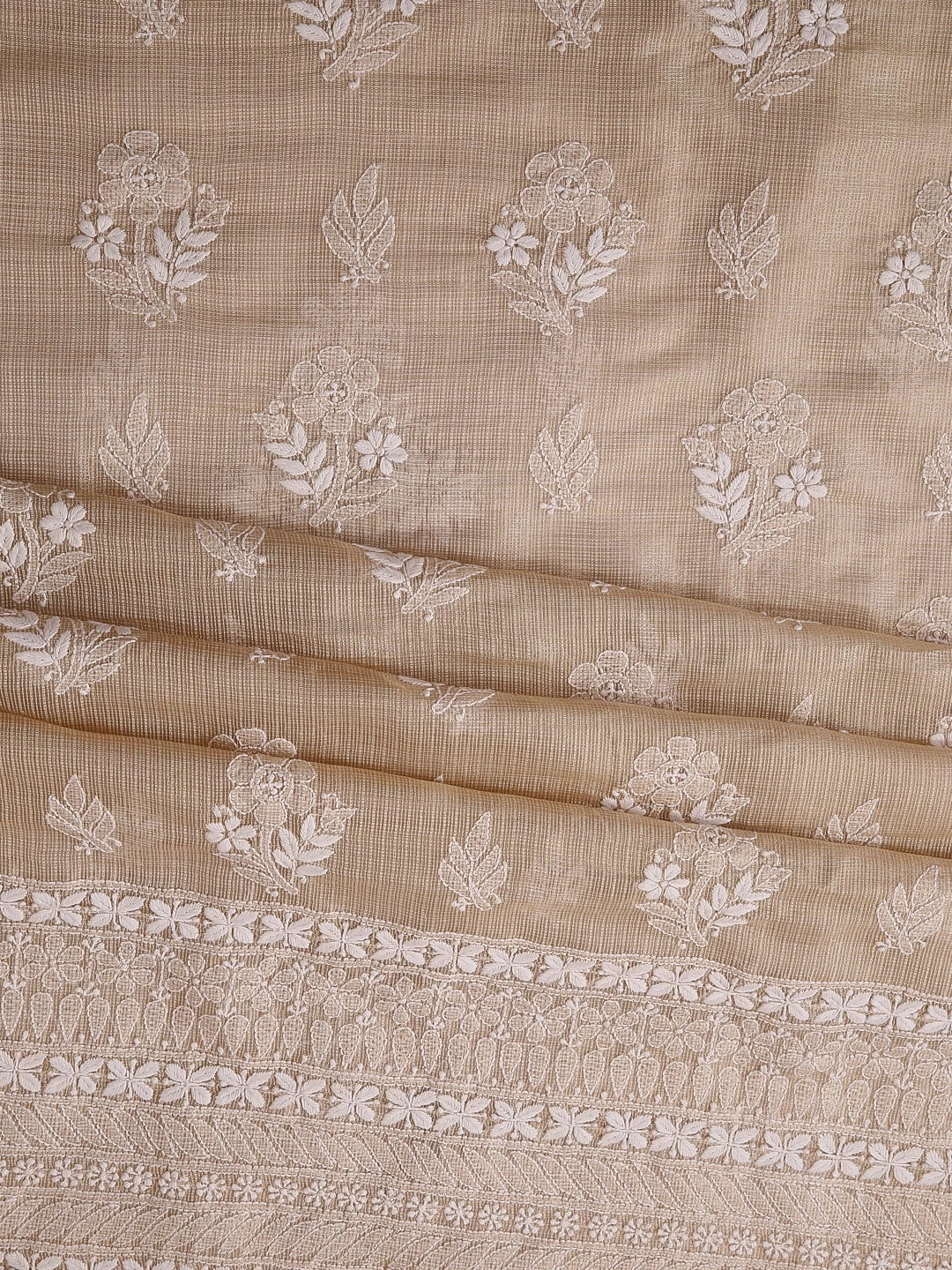 Ada Hand Embroidered Natural Fawn Tissue Lucknowi Chikankari Unstitched Kurta Dupatta Set 01A435956