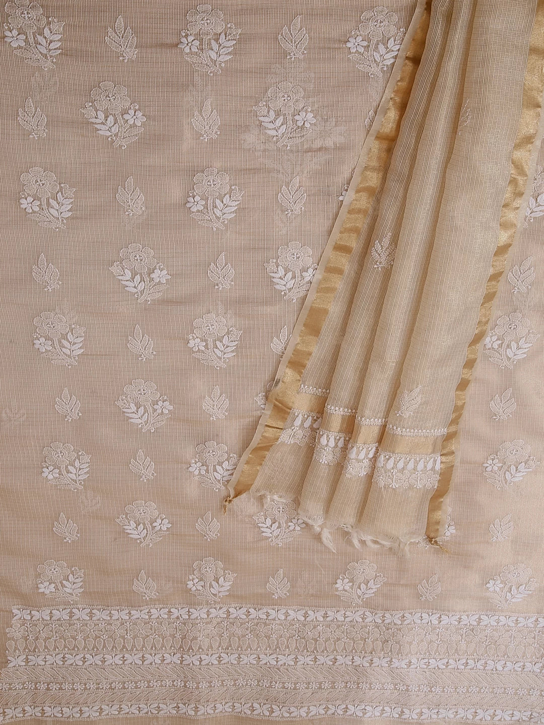 Ada Hand Embroidered Natural Fawn Tissue Lucknowi Chikankari Unstitched Kurta Dupatta Set 01A435956