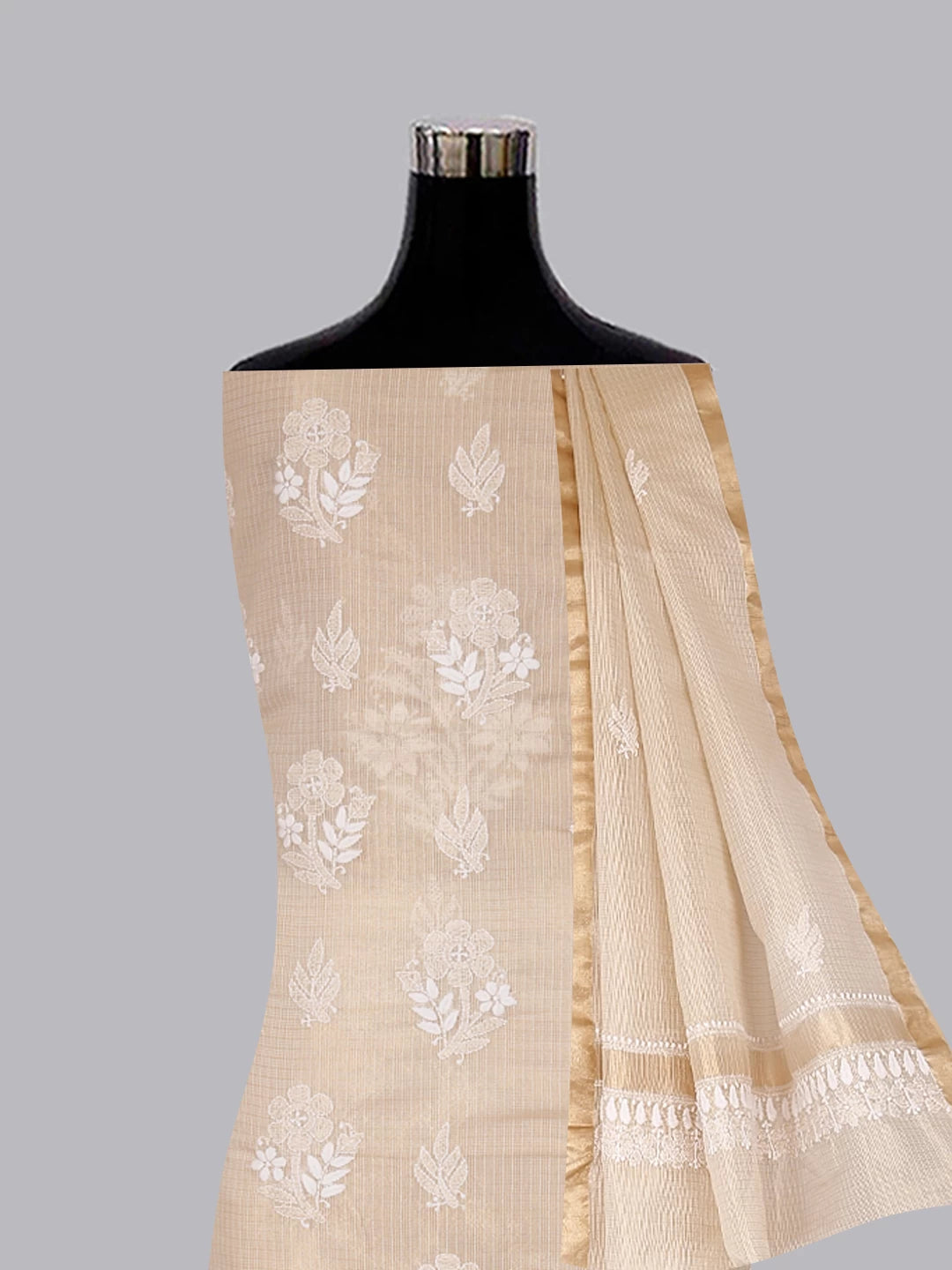 Ada Hand Embroidered Natural Fawn Tissue Lucknowi Chikankari Unstitched Kurta Dupatta Set 01A435956
