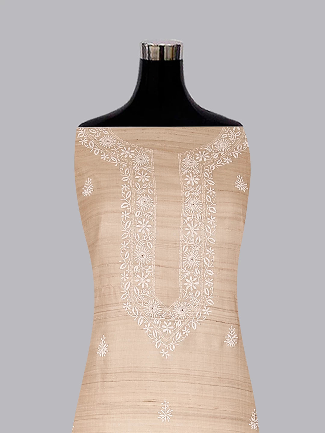 Ada Hand Embroidered Natural Fawn Silk Lucknowi Chikankari Unstitched Kurta Piece 01A401511