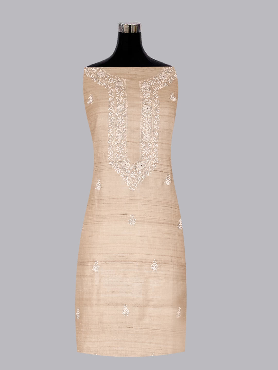 Ada Hand Embroidered Natural Fawn Silk Lucknowi Chikankari Unstitched Kurta Piece 01A401511