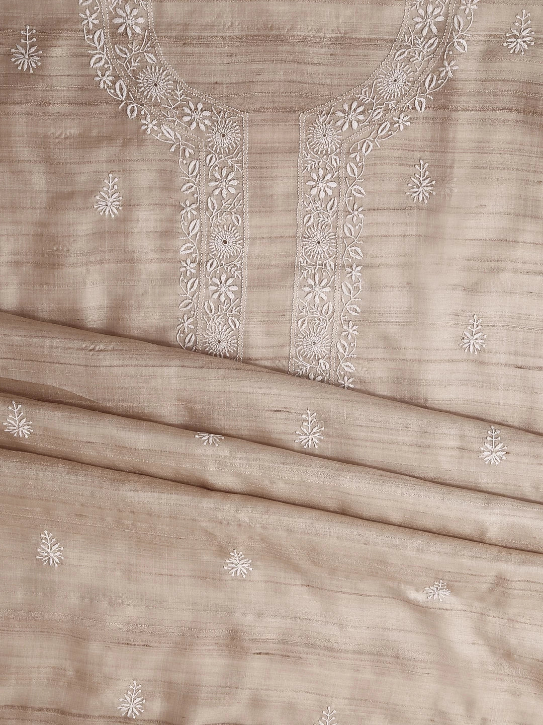 Ada Hand Embroidered Natural Fawn Silk Lucknowi Chikankari Unstitched Kurta Piece 01A401511
