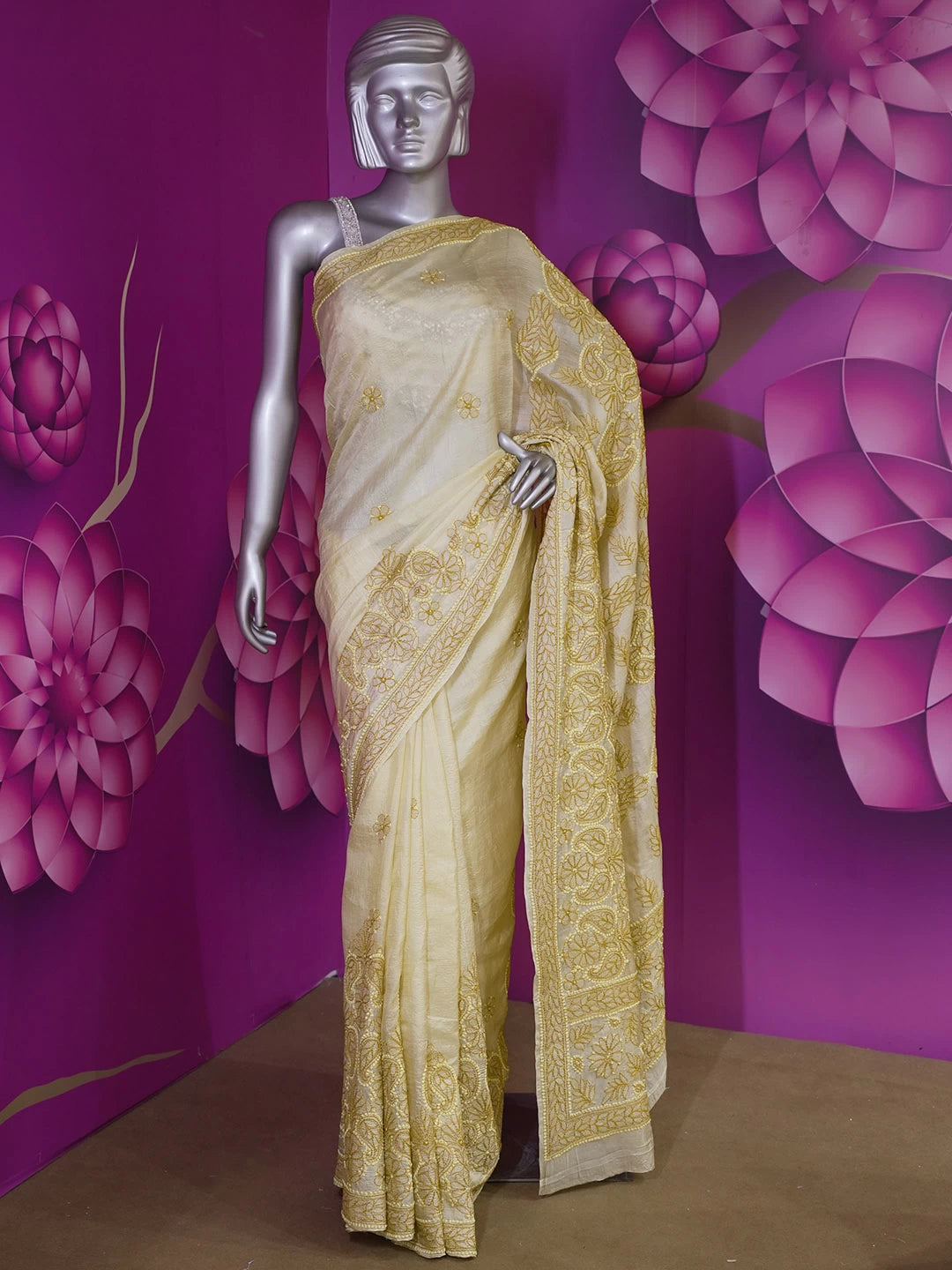 Ada Hand Embroidered Lemon Silk Lucknowi Chikankari Saree With Blouse 01A460890
