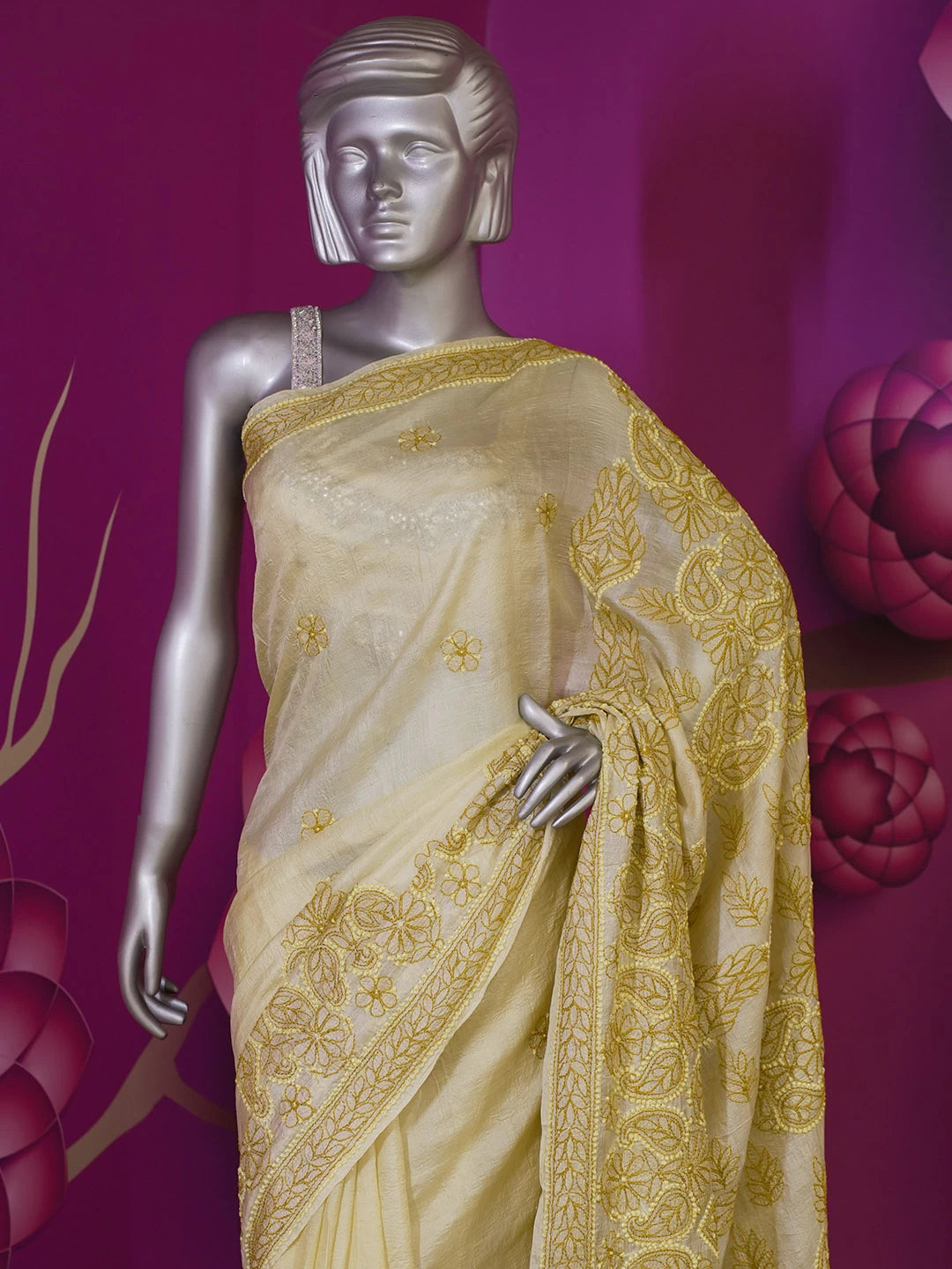Ada Hand Embroidered Lemon Silk Lucknowi Chikankari Saree With Blouse 01A460890