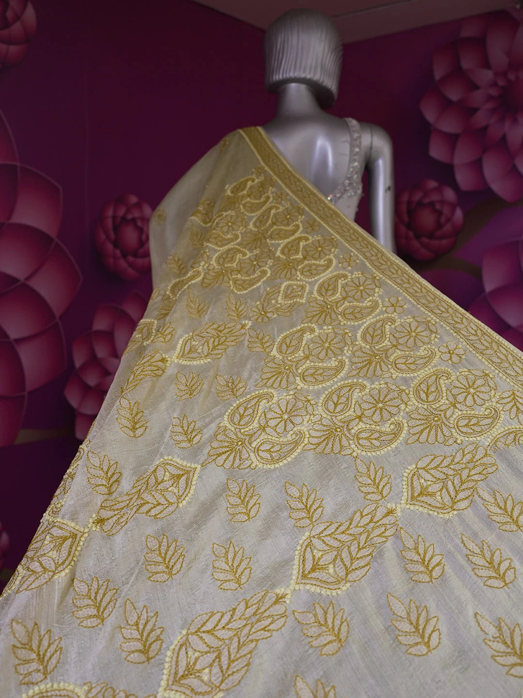 Ada Hand Embroidered Lemon Silk Lucknowi Chikankari Saree With Blouse 01A460890