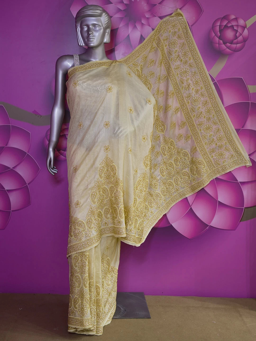 Ada Hand Embroidered Lemon Silk Lucknowi Chikankari Saree With Blouse 01A460890