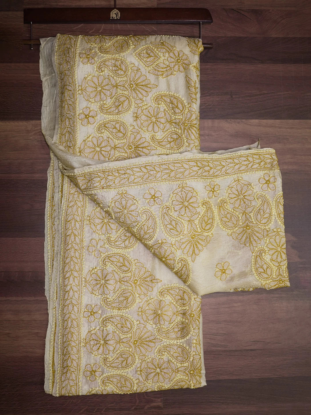 Ada Hand Embroidered Lemon Silk Lucknowi Chikankari Saree With Blouse 01A460890