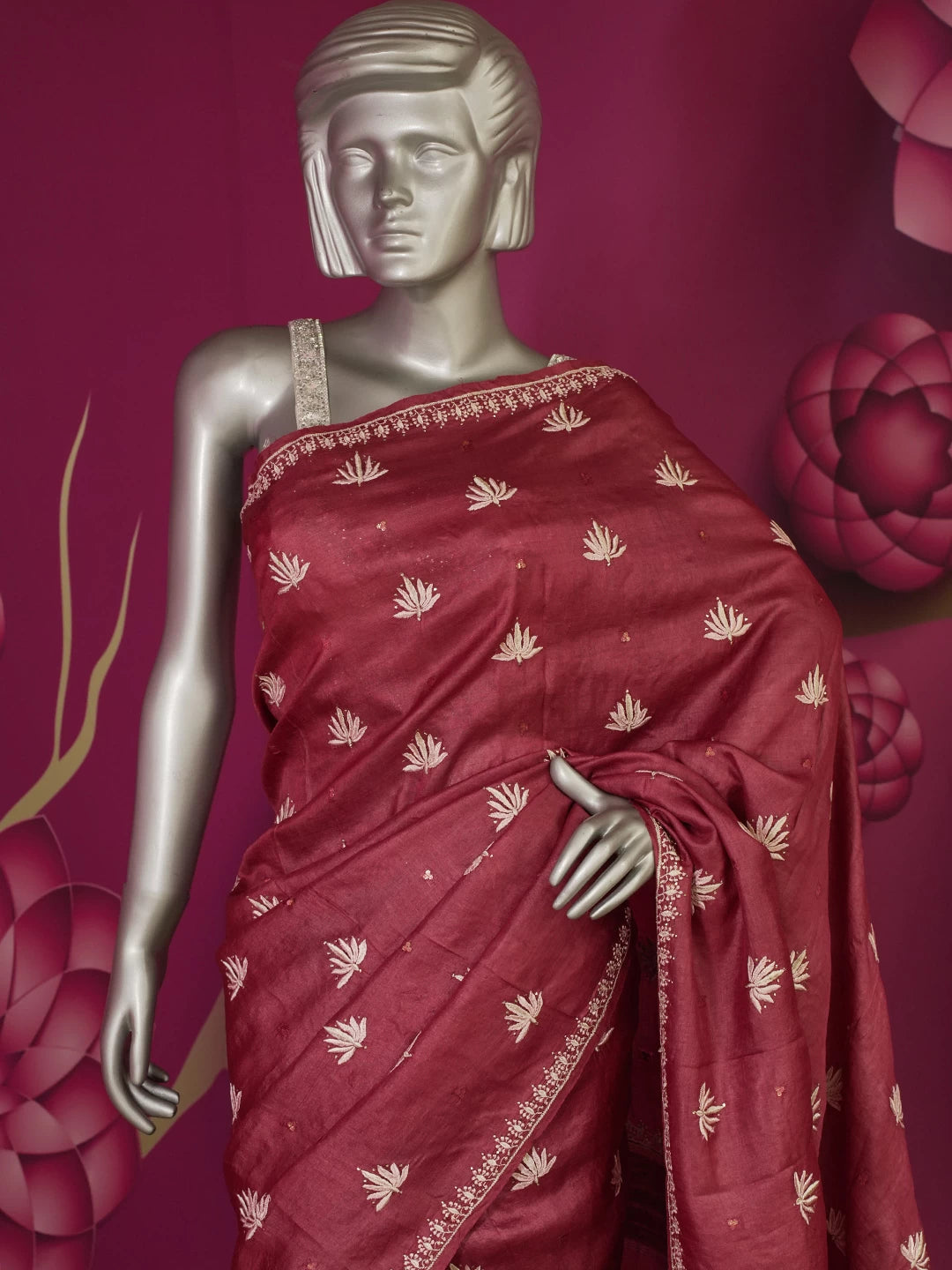 Ada Hand Embroidered Maroon Silk Lucknowi Chikankari Saree/Blouse With Mukaish Work 01A338867