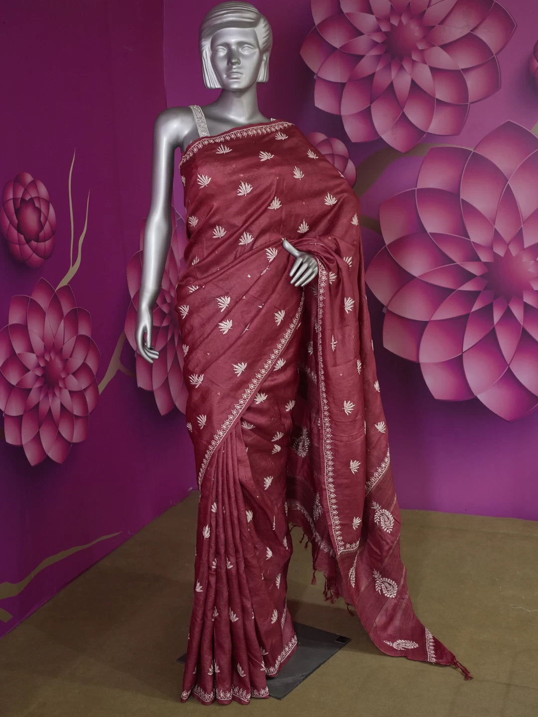 Ada Hand Embroidered Maroon Silk Lucknowi Chikankari Saree/Blouse With Mukaish Work 01A338867