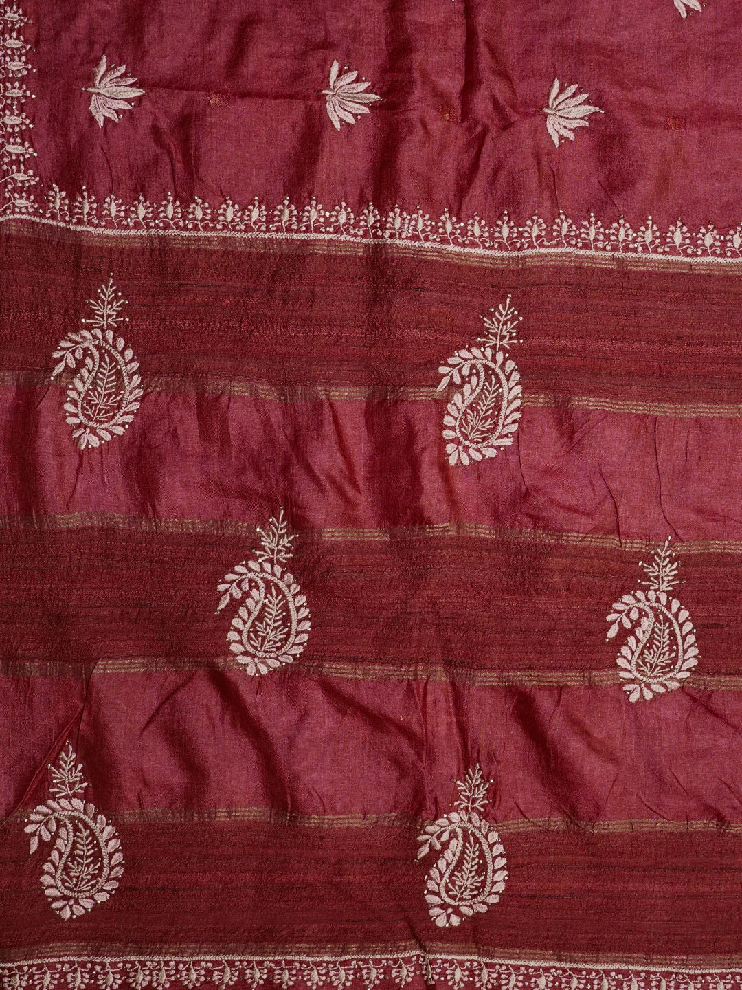 Ada Hand Embroidered Maroon Silk Lucknowi Chikankari Saree/Blouse With Mukaish Work 01A338867