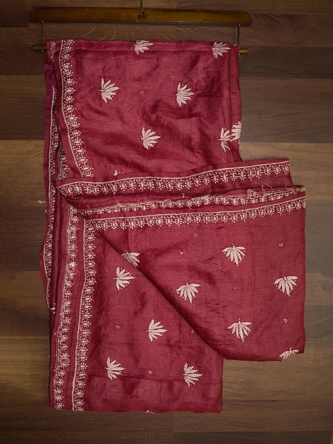 Ada Hand Embroidered Maroon Silk Lucknowi Chikankari Saree/Blouse With Mukaish Work 01A338867