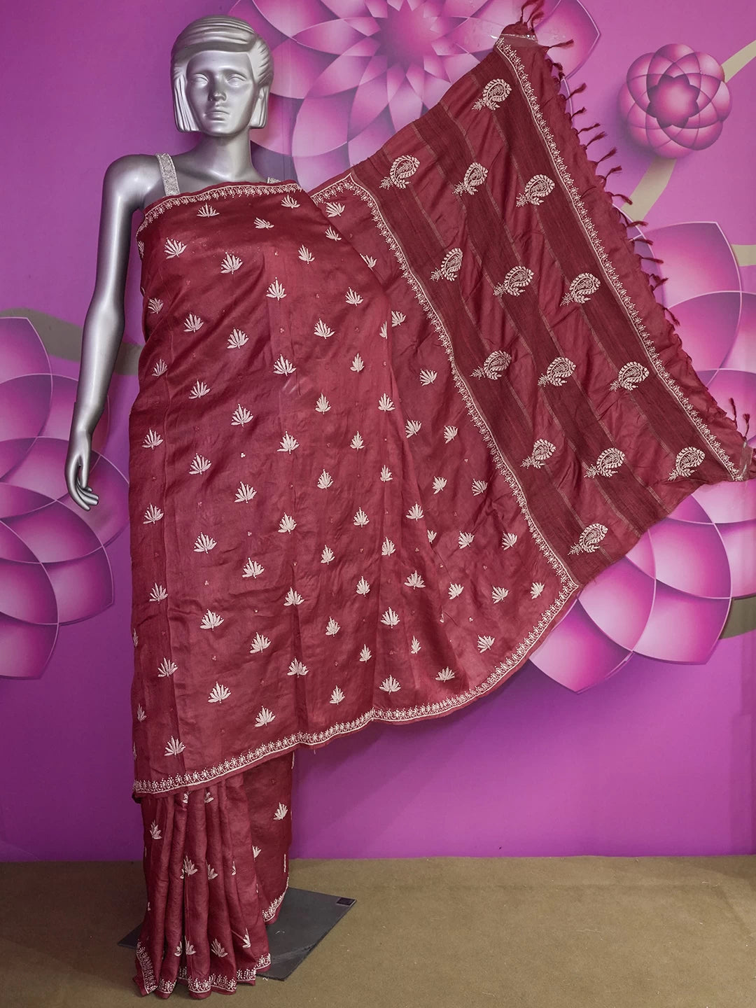 Ada Hand Embroidered Maroon Silk Lucknowi Chikankari Saree/Blouse With Mukaish Work 01A338867