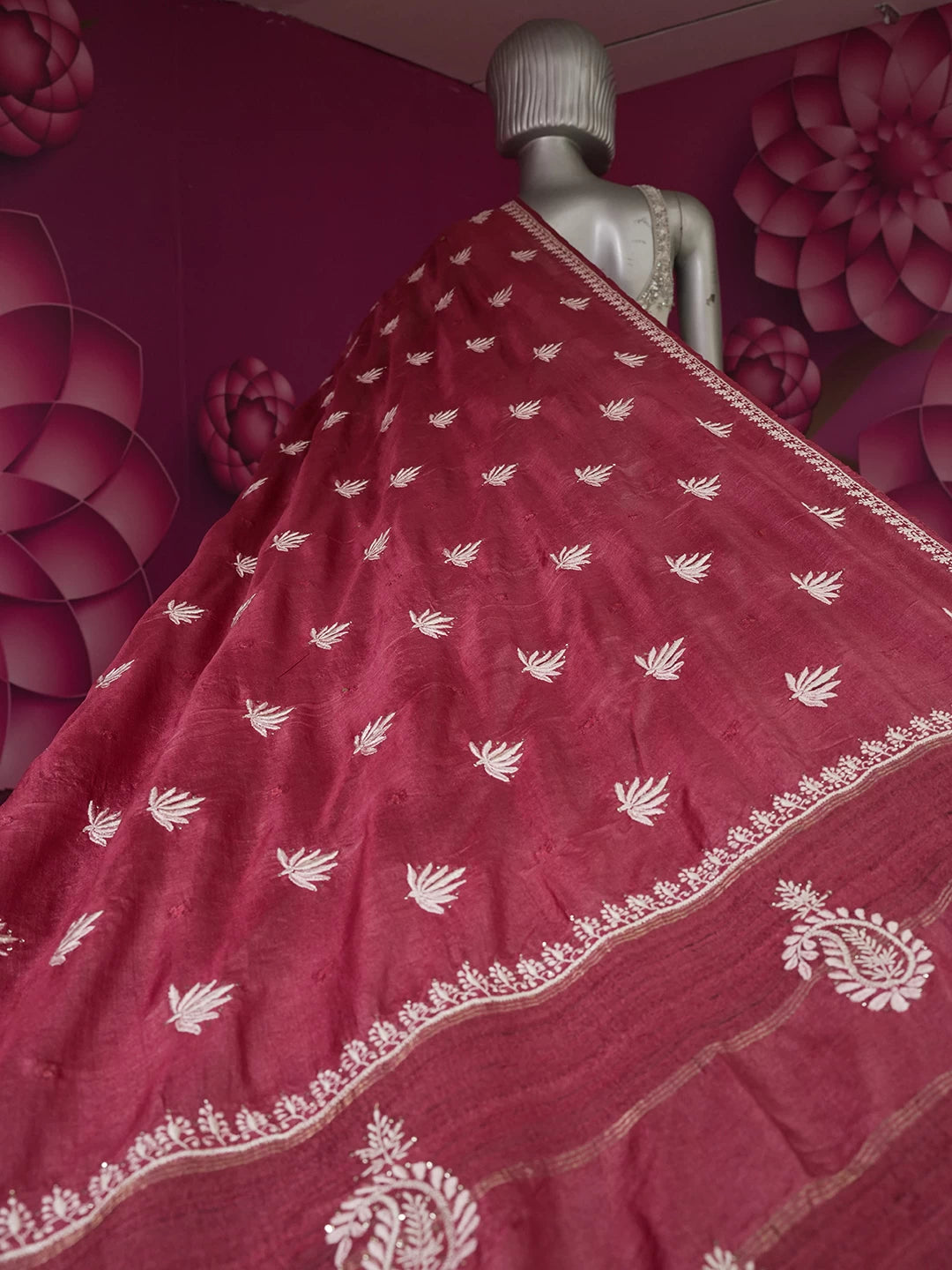 Ada Hand Embroidered Maroon Silk Lucknowi Chikankari Saree/Blouse With Mukaish Work 01A338867