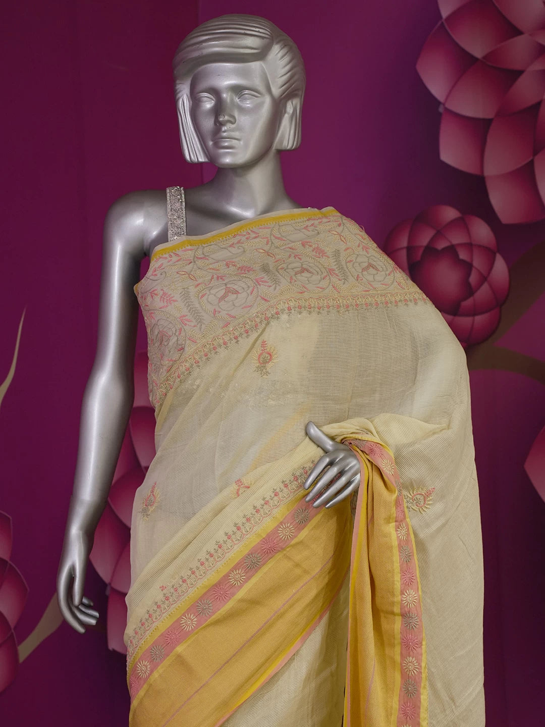Ada Hand Embroidered Beige Chanderi Lucknowi Chikankari Saree With Blouse 01A307870
