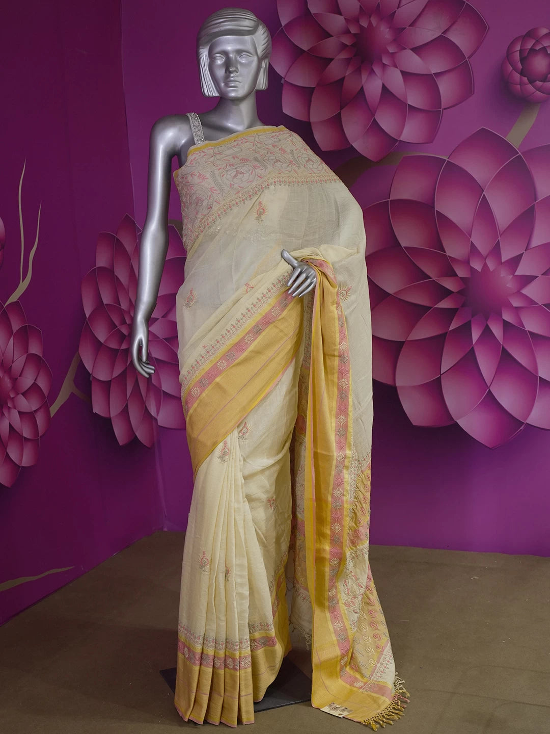 Ada Hand Embroidered Beige Chanderi Lucknowi Chikankari Saree With Blouse 01A307870