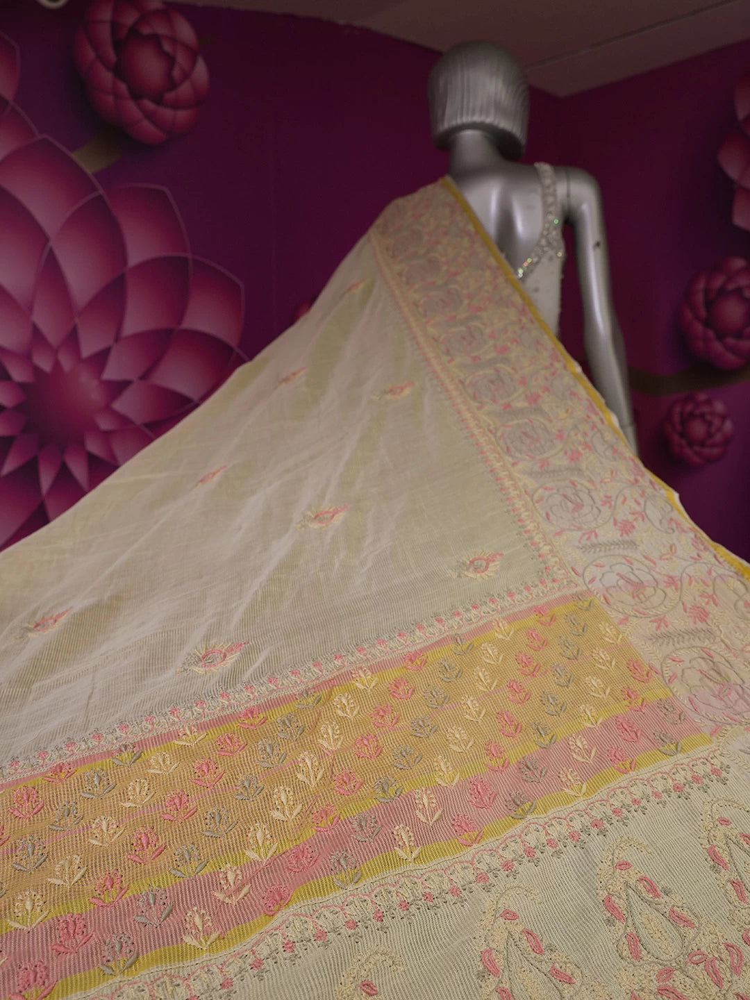 Ada Hand Embroidered Beige Chanderi Lucknowi Chikankari Saree With Blouse 01A307870