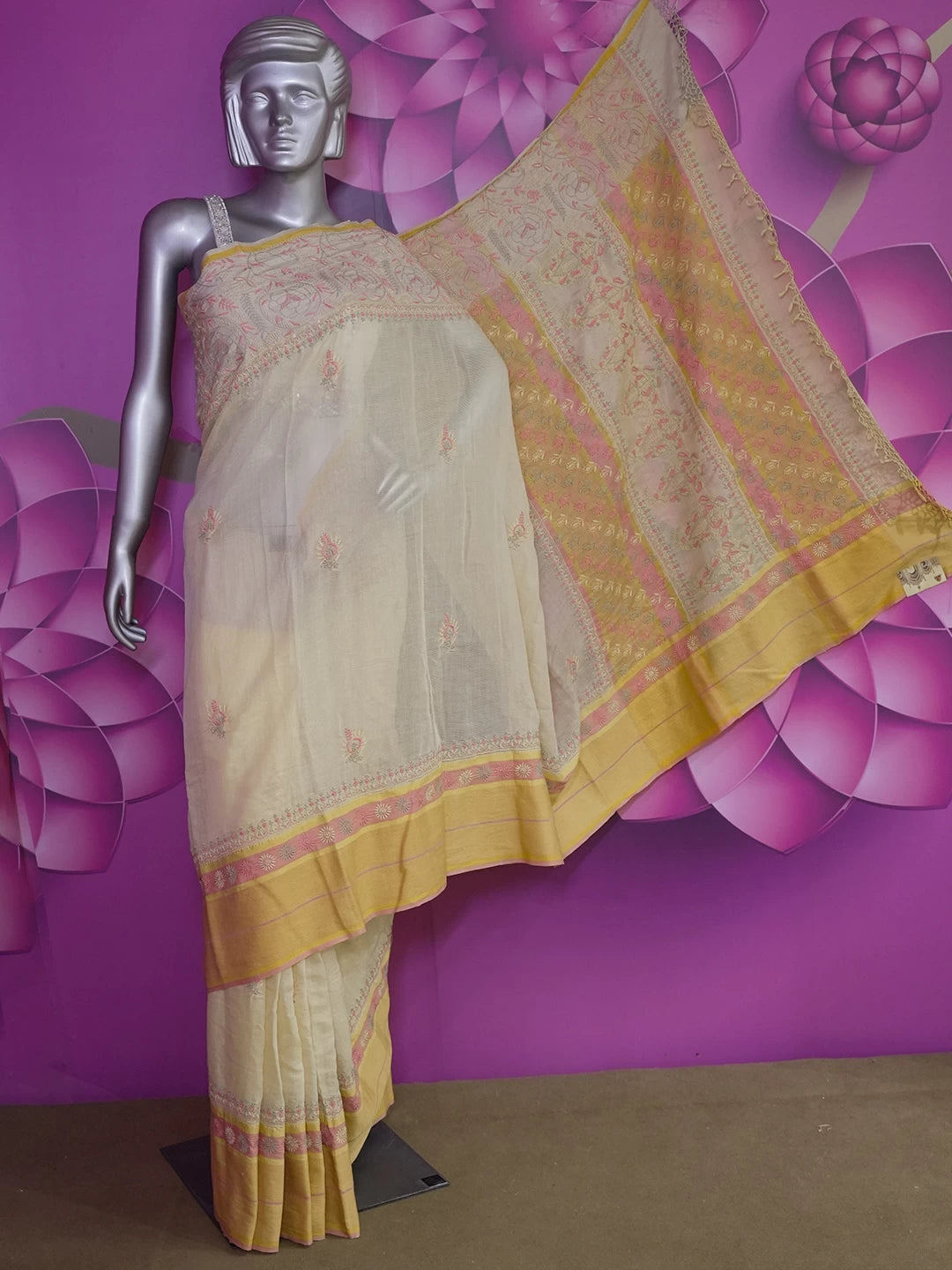 Ada Hand Embroidered Beige Chanderi Lucknowi Chikankari Saree With Blouse 01A307870