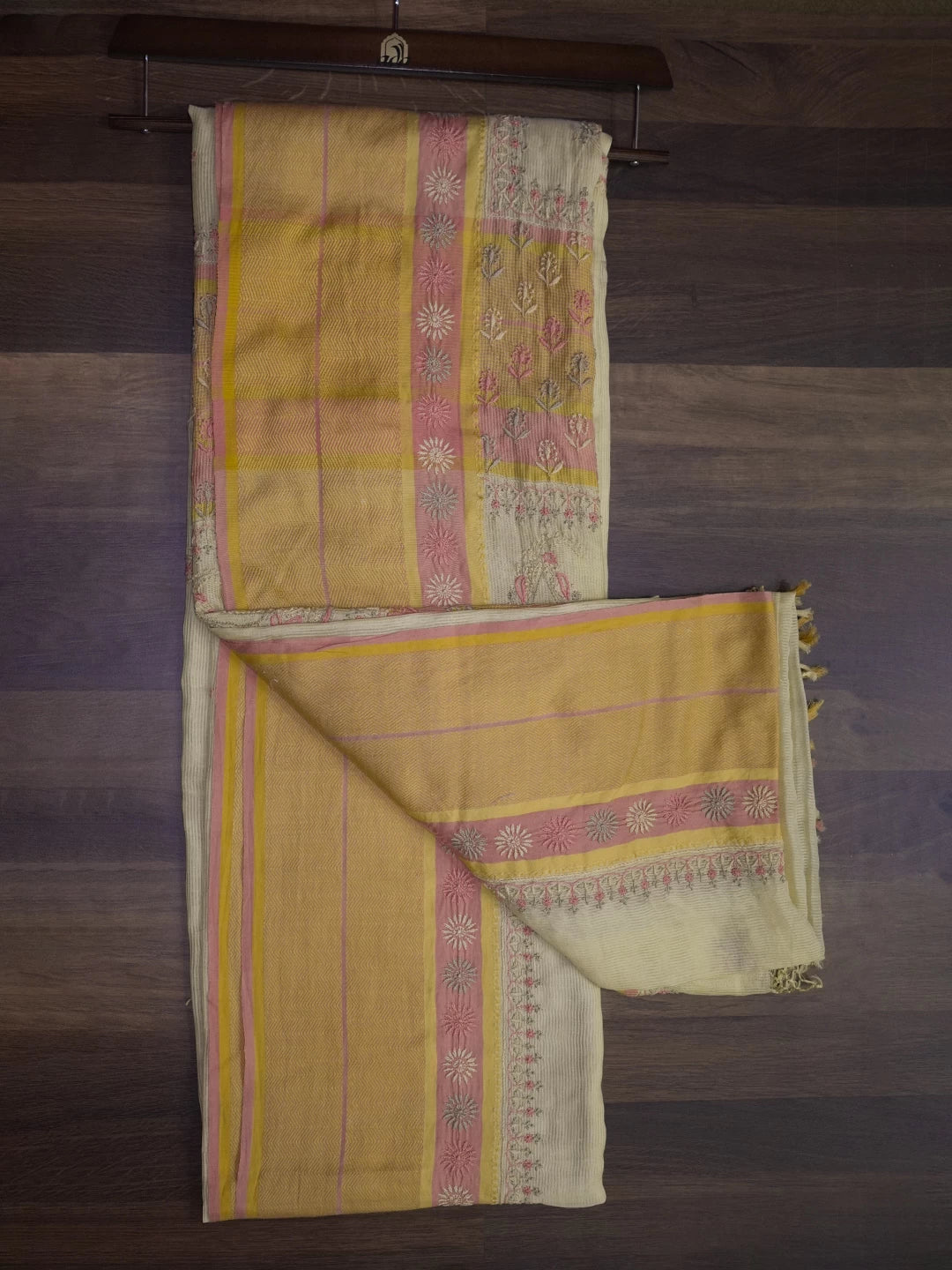 Ada Hand Embroidered Beige Chanderi Lucknowi Chikankari Saree With Blouse 01A307870