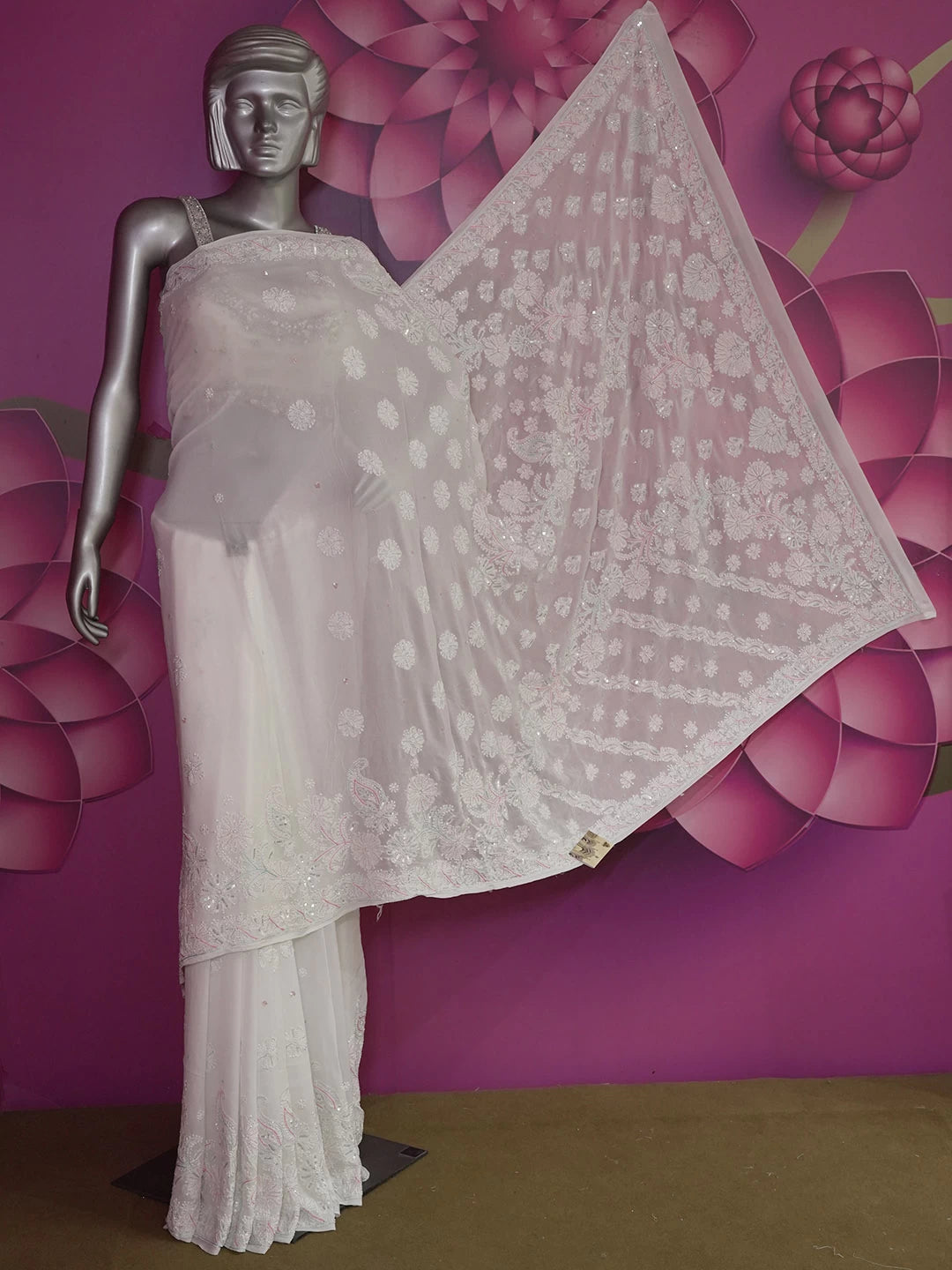 Ada Hand Embroidered White Georgette Lucknowi Chikankari Saree/Blouse With Cutdana Work 01A454400