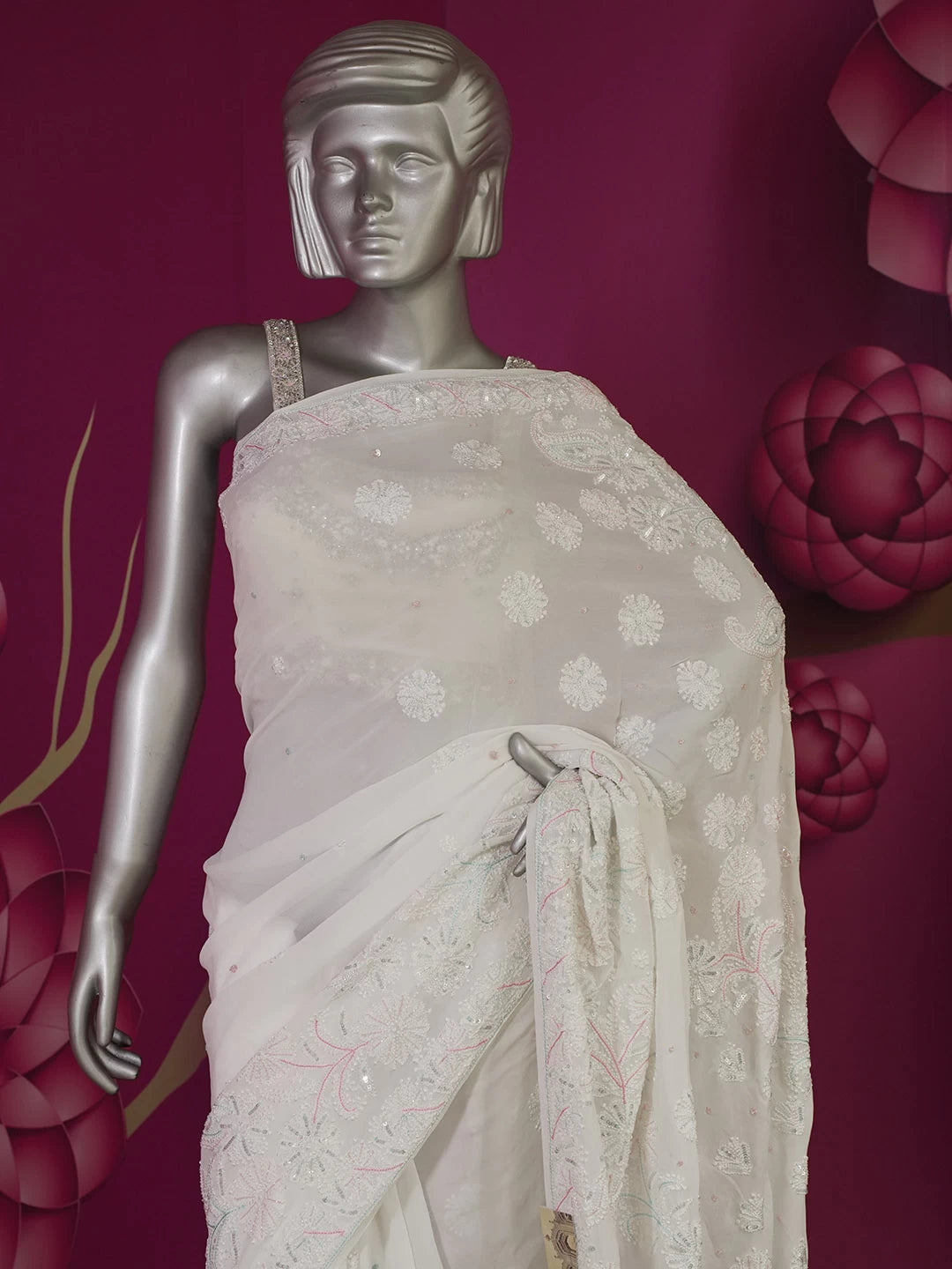 Ada Hand Embroidered White Georgette Lucknowi Chikankari Saree/Blouse With Cutdana Work 01A454400