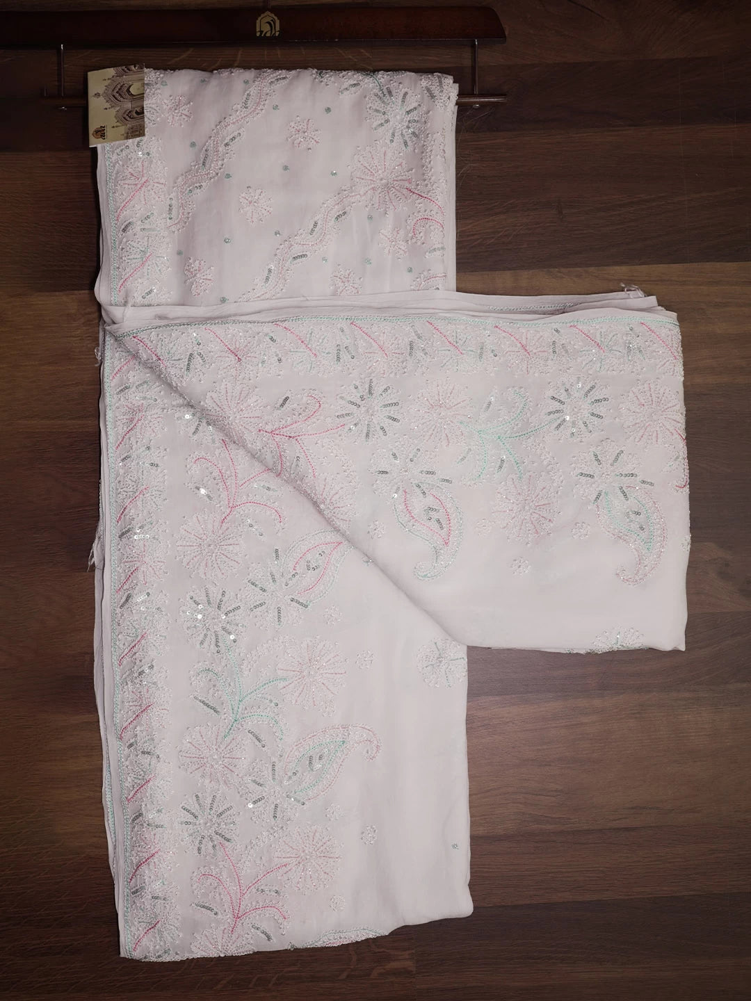 Ada Hand Embroidered White Georgette Lucknowi Chikankari Saree/Blouse With Cutdana Work 01A454400