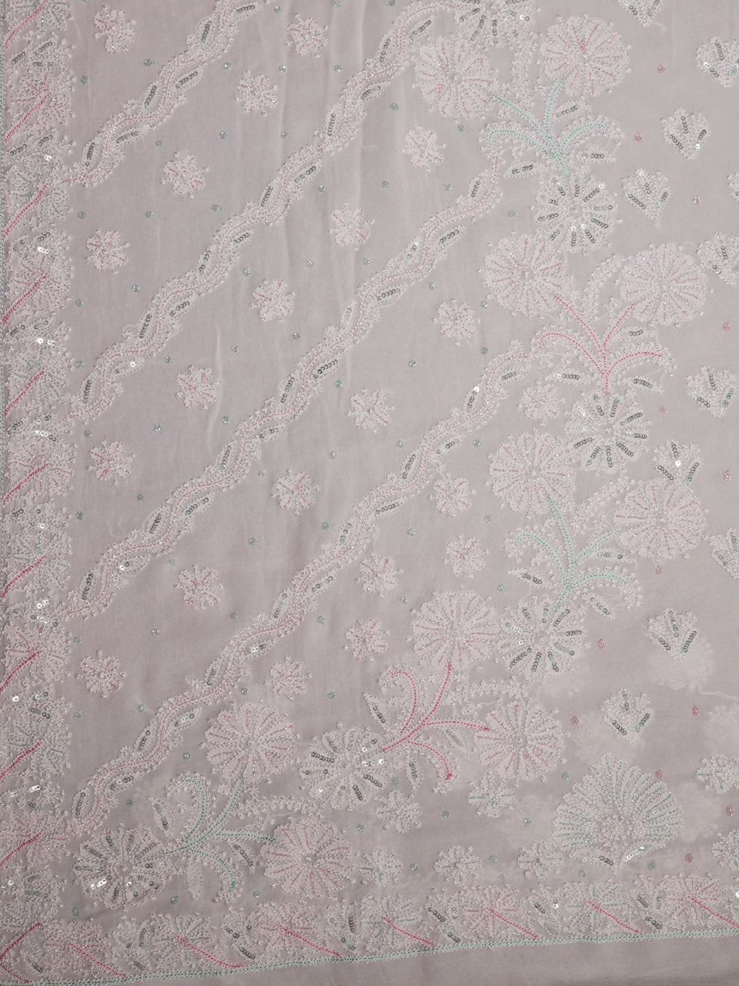 Ada Hand Embroidered White Georgette Lucknowi Chikankari Saree/Blouse With Cutdana Work 01A454400