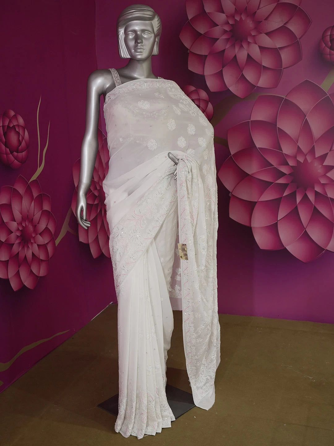 Ada Hand Embroidered White Georgette Lucknowi Chikankari Saree/Blouse With Cutdana Work 01A454400
