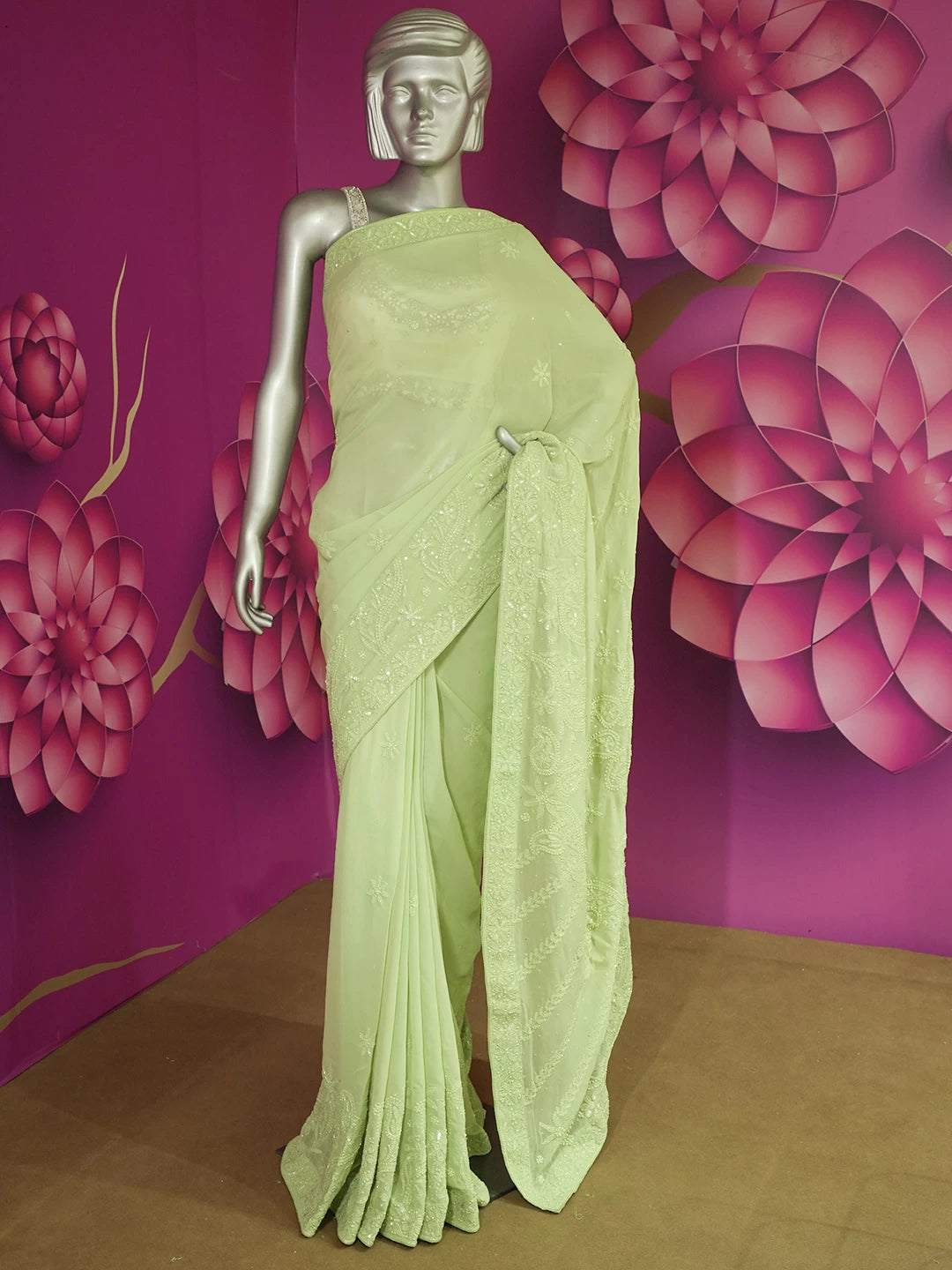 Ada Hand Embroidered Olive Green Georgette Lucknowi Chikankari Saree/Blouse With Cutdana Work 01A441077