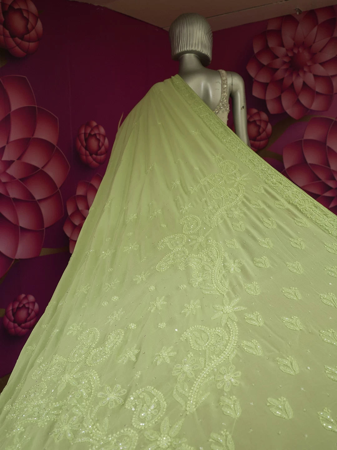 Ada Hand Embroidered Olive Green Georgette Lucknowi Chikankari Saree/Blouse With Cutdana Work 01A441077