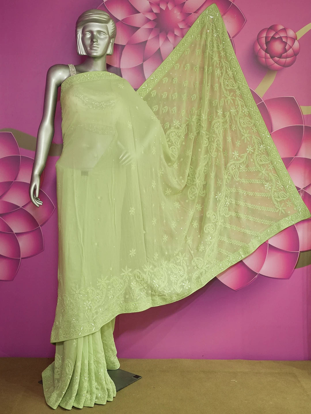 Ada Hand Embroidered Olive Green Georgette Lucknowi Chikankari Saree/Blouse With Cutdana Work 01A441077