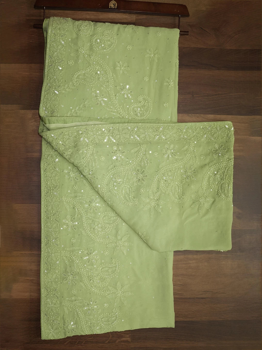 Ada Hand Embroidered Olive Green Georgette Lucknowi Chikankari Saree/Blouse With Cutdana Work 01A441077