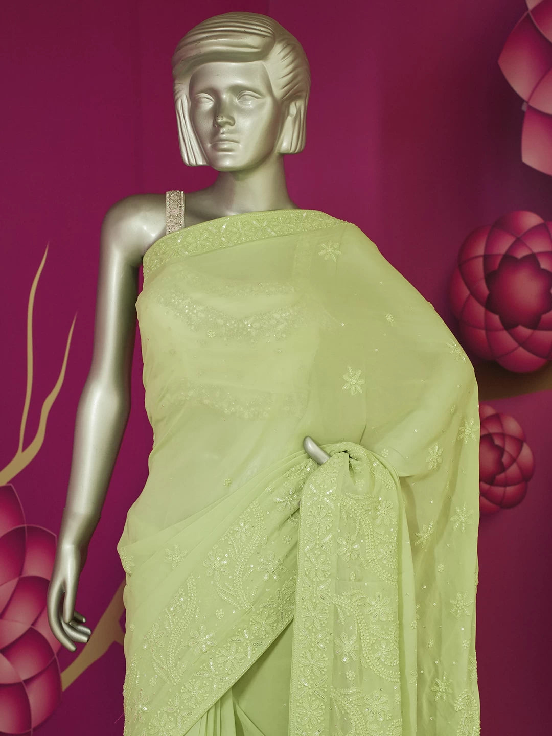 Ada Hand Embroidered Olive Green Georgette Lucknowi Chikankari Saree/Blouse With Cutdana Work 01A441077