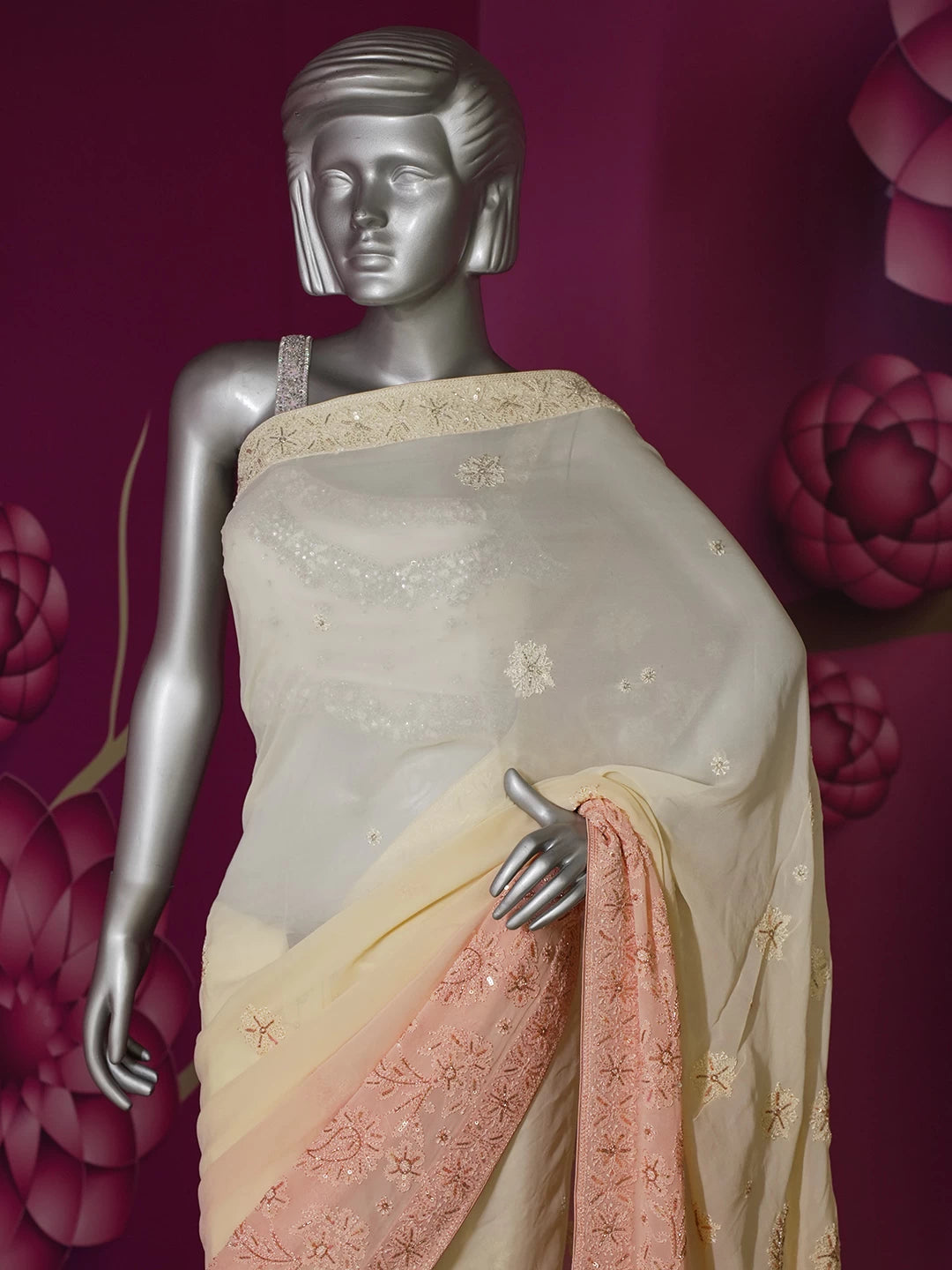 Ada Hand Embroidered Ombre Shade Of Peach And Cream Georgette Lucknowi Chikankari Saree/Blouse With Cutdana Work 01A361840