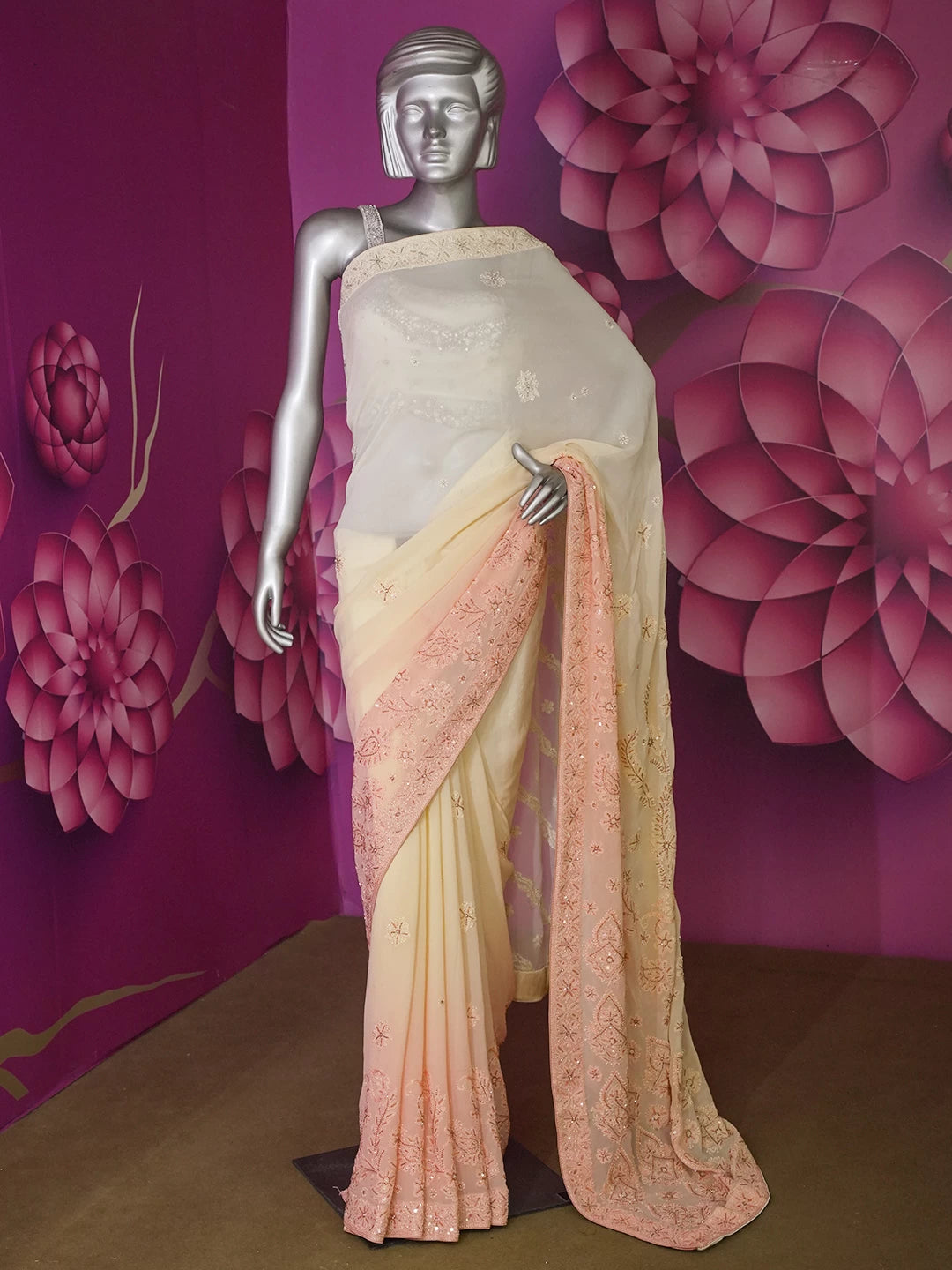 Ada Hand Embroidered Ombre Shade Of Peach And Cream Georgette Lucknowi Chikankari Saree/Blouse With Cutdana Work 01A361840
