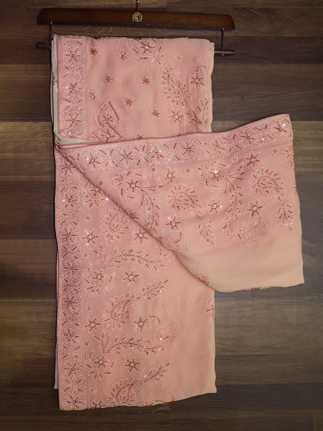 Ada Hand Embroidered Ombre Shade Of Peach And Cream Georgette Lucknowi Chikankari Saree/Blouse With Cutdana Work 01A361840