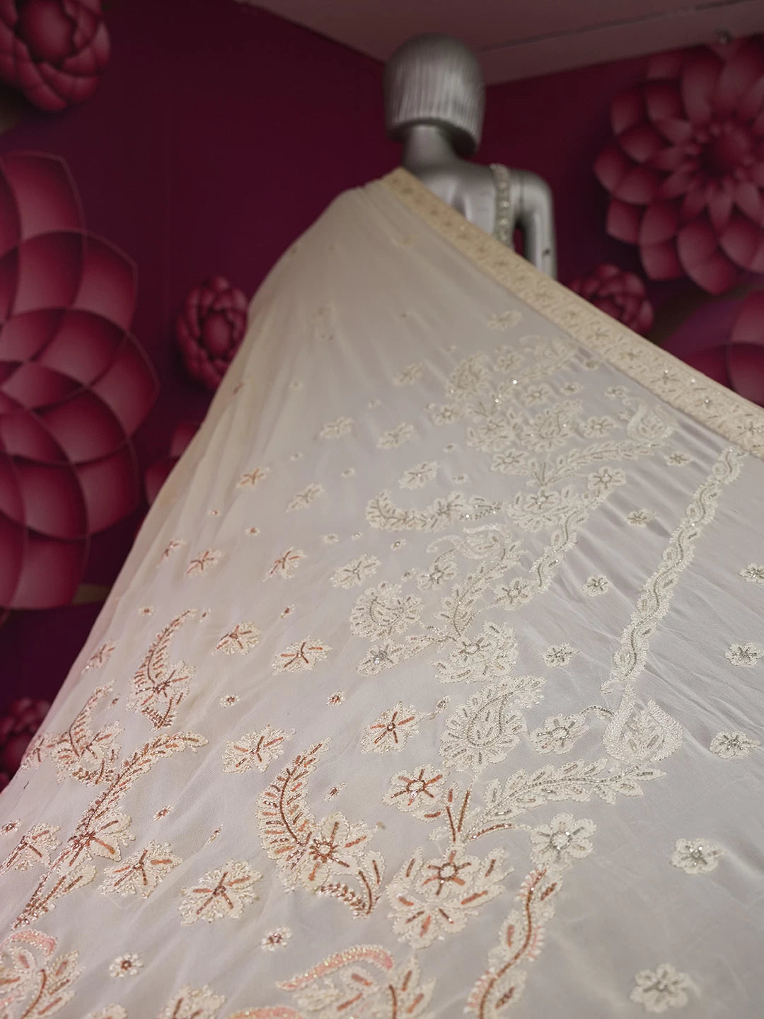 Ada Hand Embroidered Ombre Shade Of Peach And Cream Georgette Lucknowi Chikankari Saree/Blouse With Cutdana Work 01A361840