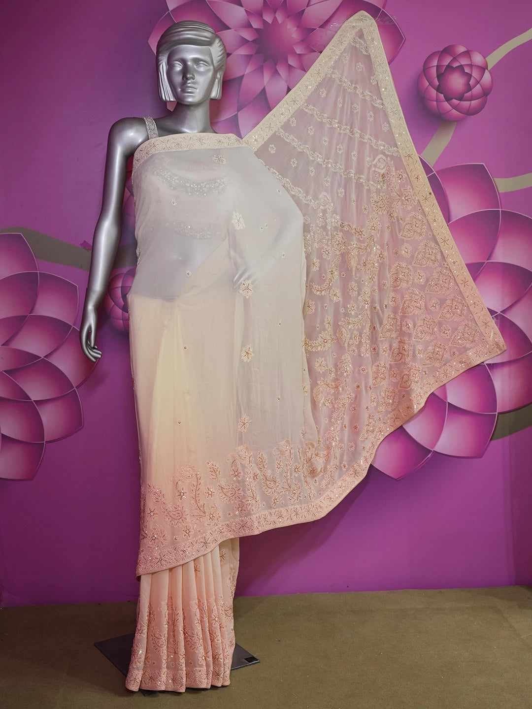 Ada Hand Embroidered Ombre Shade Of Peach And Cream Georgette Lucknowi Chikankari Saree/Blouse With Cutdana Work 01A361840