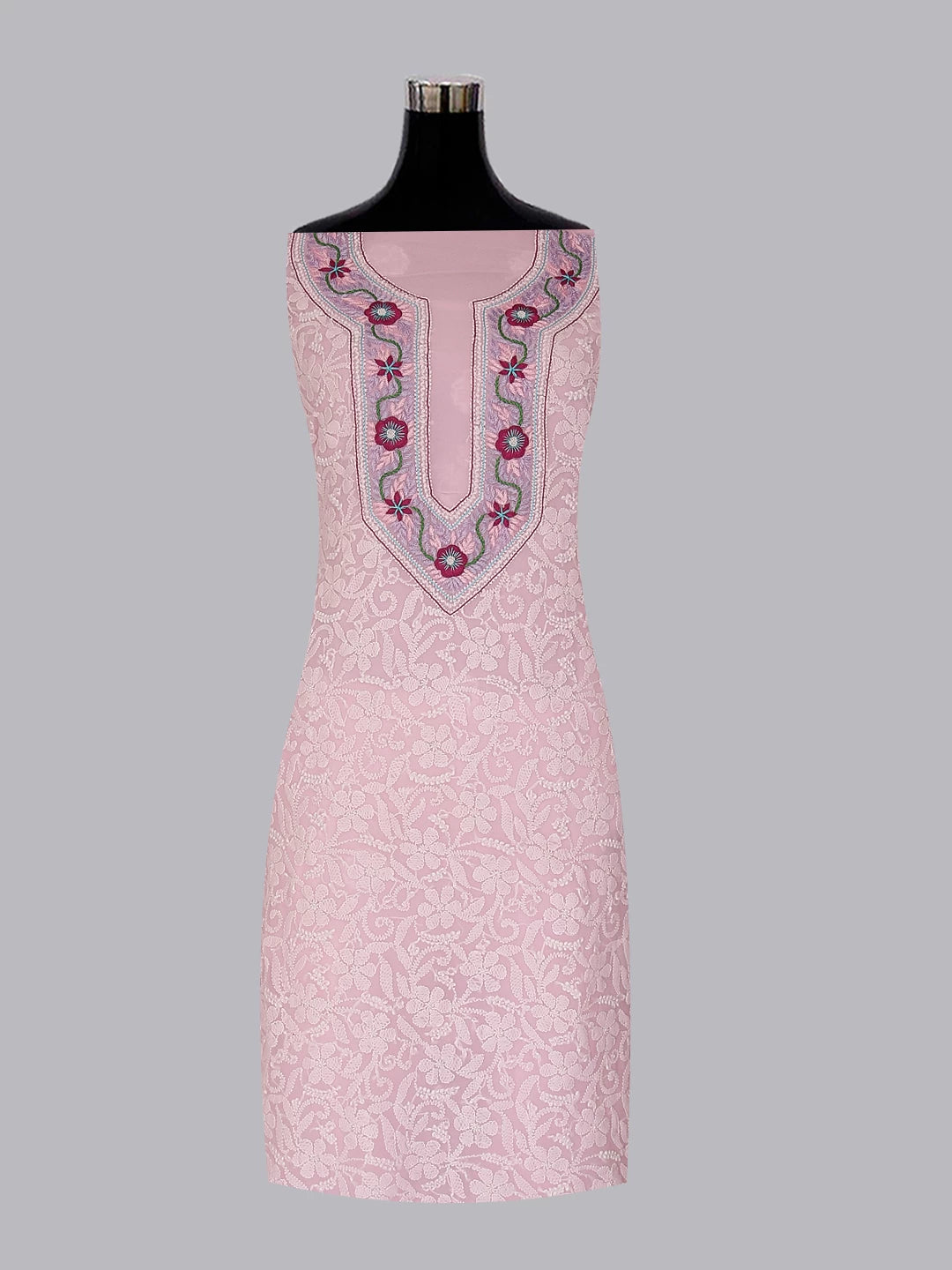 Ada Hand Embroidered Soft Pink Georgette Lucknowi Chikankari Unstitched Suit Piece With Parsi Work A211303