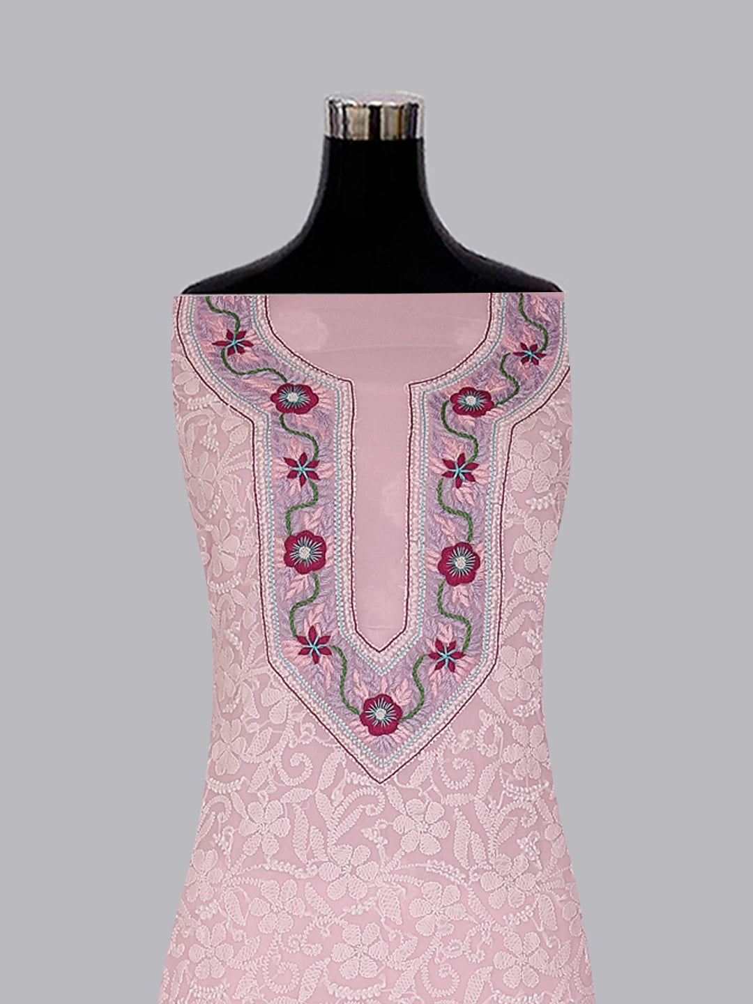 Ada Hand Embroidered Soft Pink Georgette Lucknowi Chikankari Unstitched Suit Piece With Parsi Work A211303